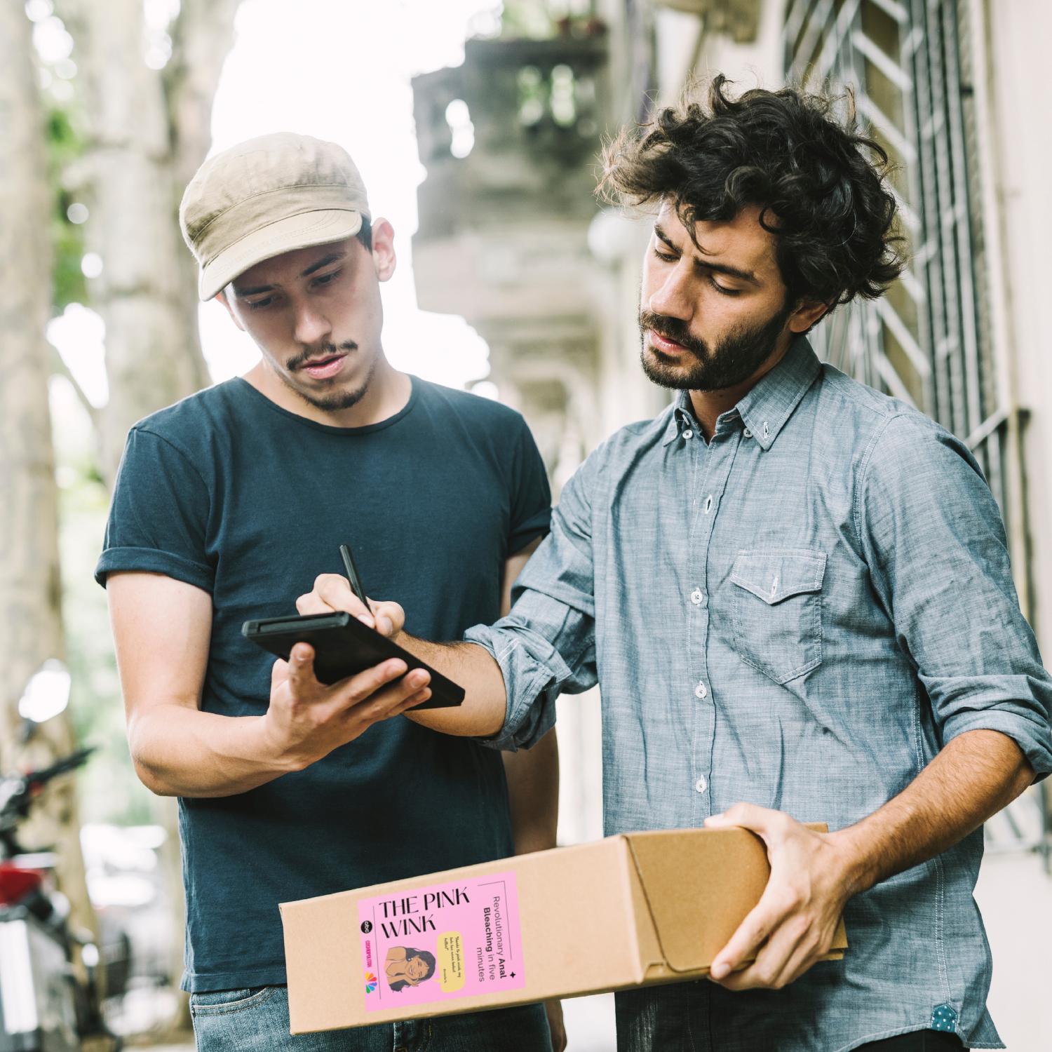 man signing for prank package 