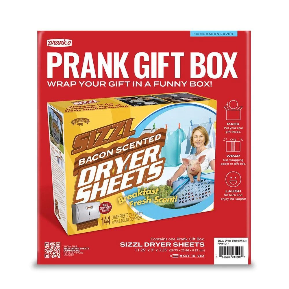 Bacon Scented Dryer Sheets - Prank Gift Box Pranks Anonymous send hilarious pranks and gag gifts to your friends or family.