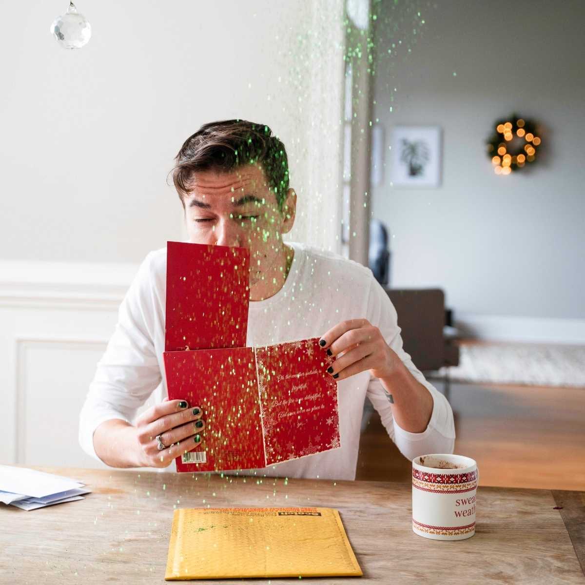 Let It Snow Glitter Bomb Card Pranks Anonymous send hilarious pranks and gag gifts to your friends or family.